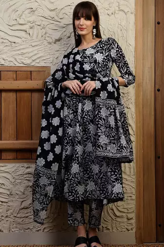 women floral printed  cotton a-line kurta with trouser & dupatta