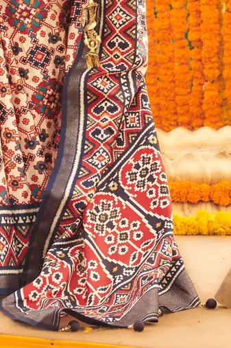 Cream ethnic motifs printed designer patola saree