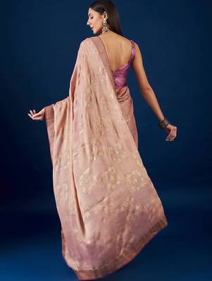 Beige beige & gold-toned ethnic motifs printed zari  chiffon saree 3