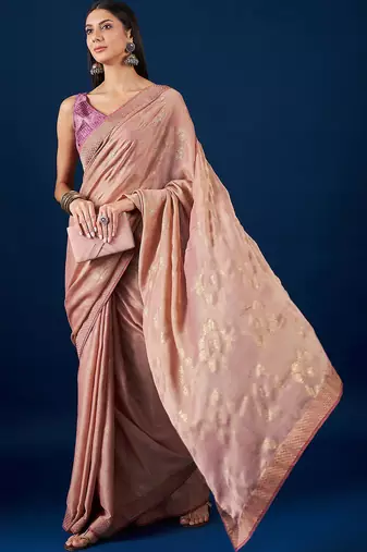 Beige beige & gold-toned ethnic motifs printed zari  chiffon saree