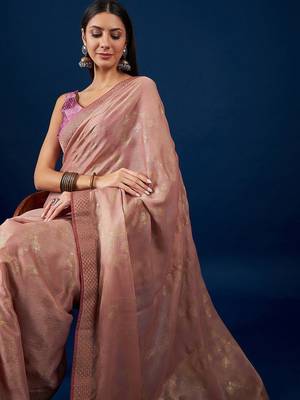 Beige beige & gold-toned ethnic motifs printed zari  chiffon saree 5