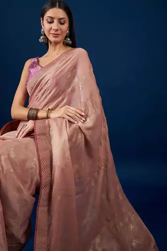 Beige beige & gold-toned ethnic motifs printed zari  chiffon saree