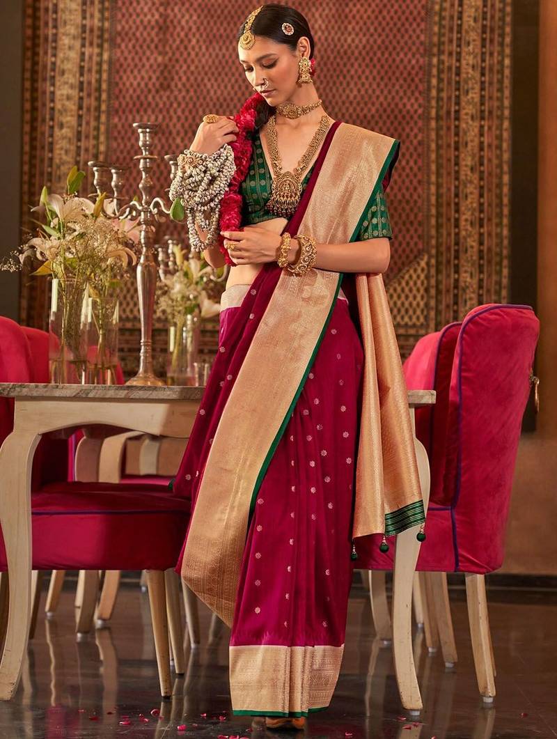 Pink ethnic motifs jaali silk blend banarasi saree