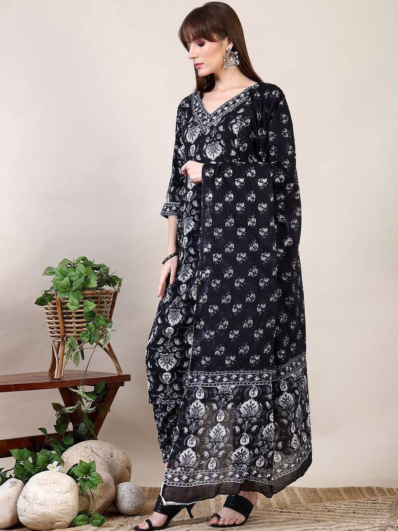 women ethnic motifs printed a-line kurta with trouser & dupatta