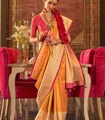 Mustard ethnic motifs zari silk blend banarasi saree