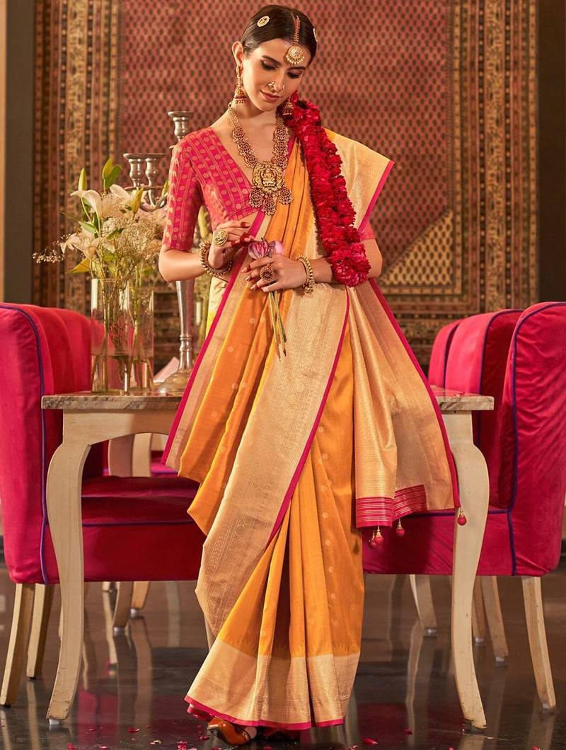 Mustard ethnic motifs zari silk blend banarasi saree