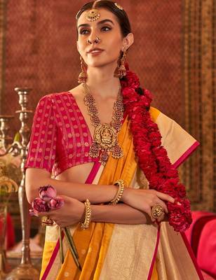 Mustard ethnic motifs zari silk blend banarasi saree 2