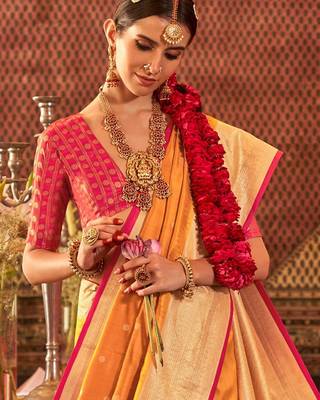 Mustard ethnic motifs zari silk blend banarasi saree 3