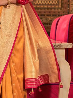 Mustard ethnic motifs zari silk blend banarasi saree 4