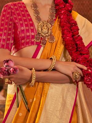 Mustard ethnic motifs zari silk blend banarasi saree 5