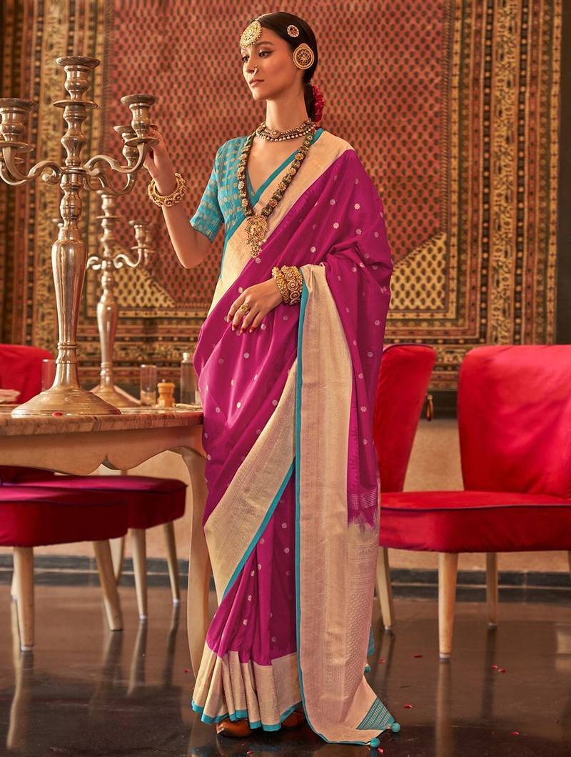 Pink woven design zari silk blend banarasi saree