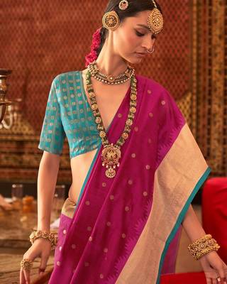 Pink woven design zari silk blend banarasi saree 2