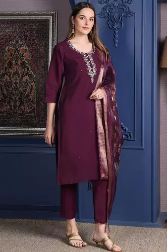 embroidered thread work chanderi cotton kurta with trousers & dupatta