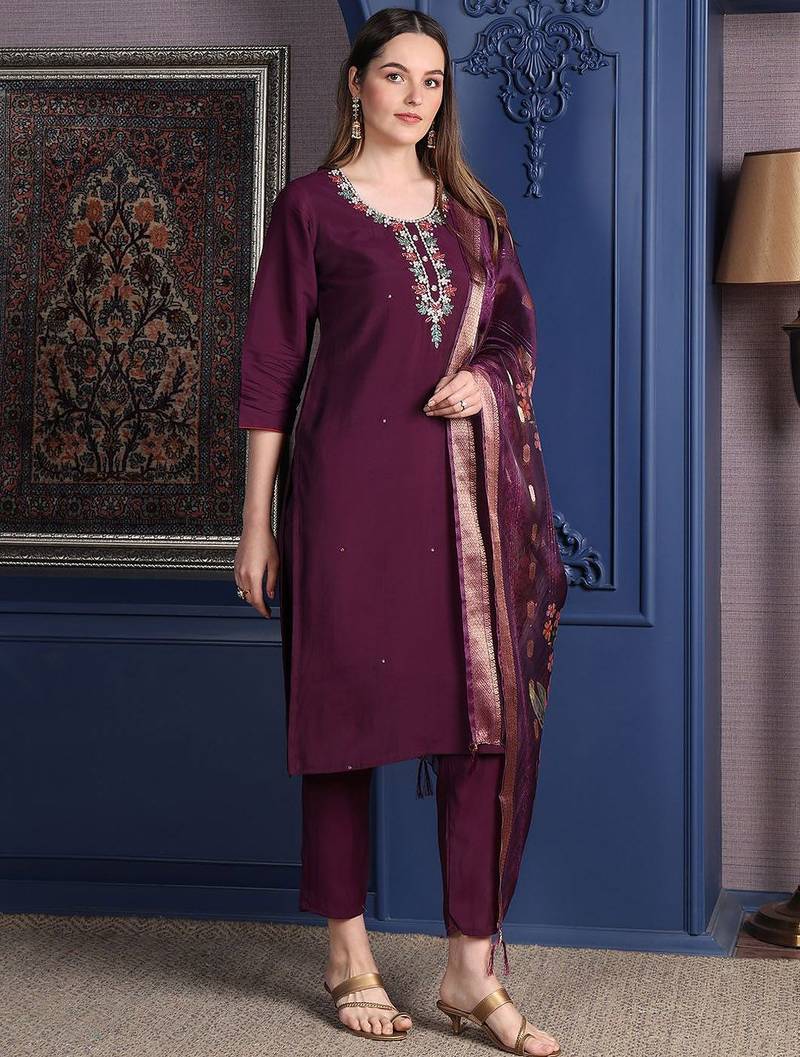 embroidered thread work chanderi cotton kurta with trousers & dupatta