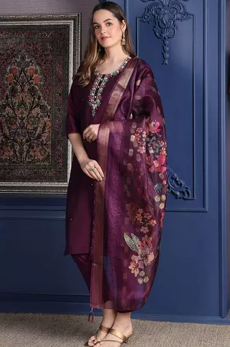 embroidered thread work chanderi cotton kurta with trousers & dupatta