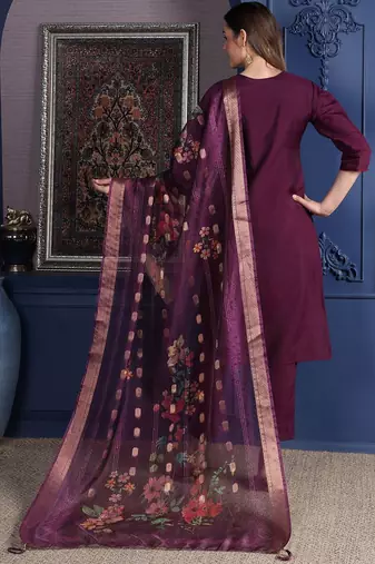 embroidered thread work chanderi cotton kurta with trousers & dupatta