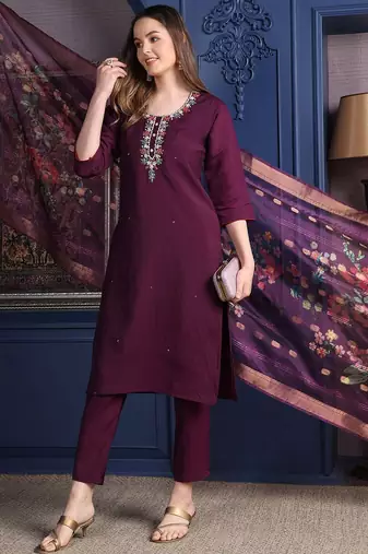 embroidered thread work chanderi cotton kurta with trousers & dupatta