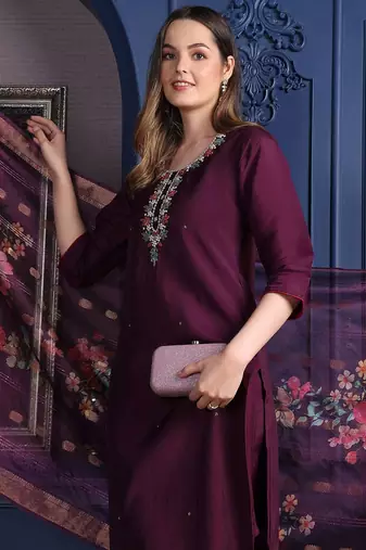 embroidered thread work chanderi cotton kurta with trousers & dupatta