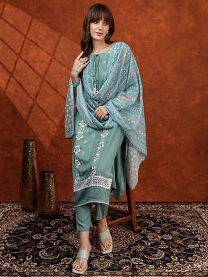 embroidered tie-up neck thread work straight kurta with trousers & dupatta 1