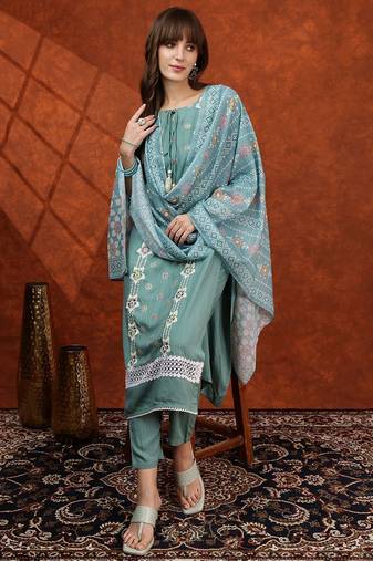 embroidered tie-up neck thread work straight kurta with trousers & dupatta