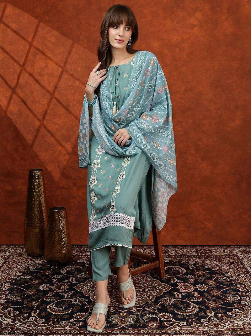 embroidered tie-up neck thread work straight kurta with trousers & dupatta