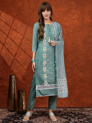 embroidered tie-up neck thread work straight kurta with trousers & dupatta 2