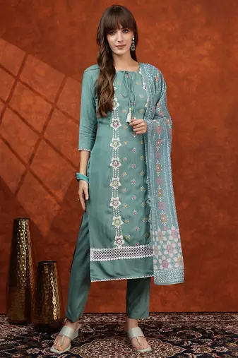 embroidered tie-up neck thread work straight kurta with trousers & dupatta