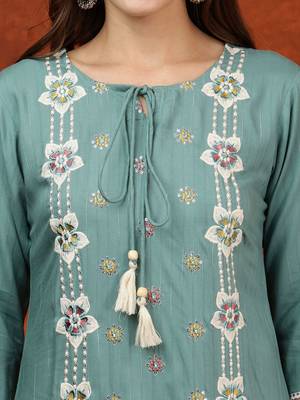 embroidered tie-up neck thread work straight kurta with trousers & dupatta 3