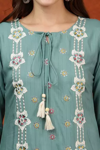 embroidered tie-up neck thread work straight kurta with trousers & dupatta