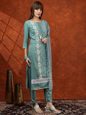 embroidered tie-up neck thread work straight kurta with trousers & dupatta 4