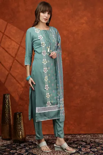 embroidered tie-up neck thread work straight kurta with trousers & dupatta