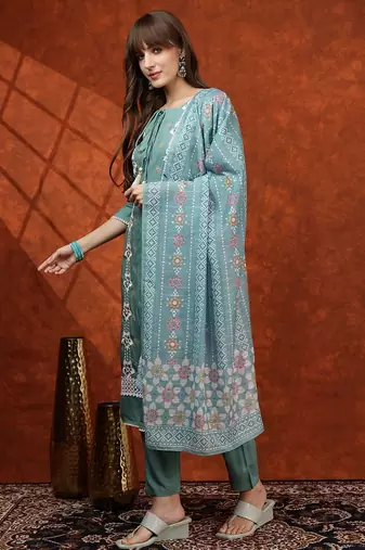 embroidered tie-up neck thread work straight kurta with trousers & dupatta