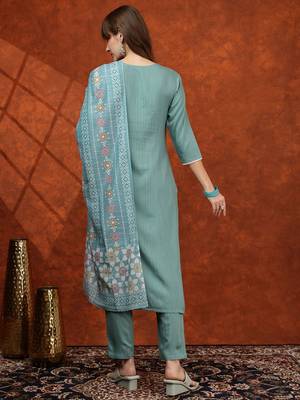 embroidered tie-up neck thread work straight kurta with trousers & dupatta 6