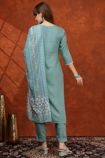 embroidered tie-up neck thread work straight kurta with trousers & dupatta
