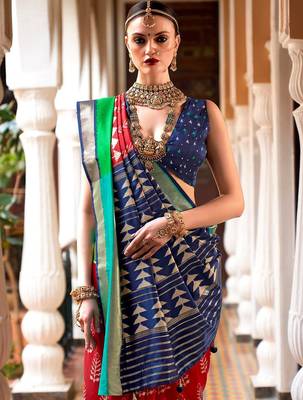 Red ethnic motifs woven design zari ikat saree 2