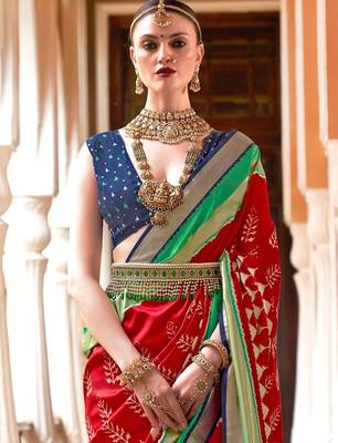 Red ethnic motifs woven design zari ikat saree 3