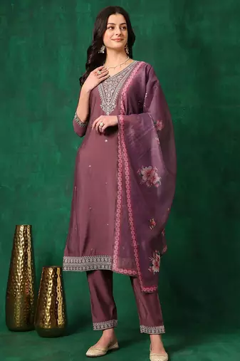 women floral embroidered regular kurta with trousers & dupatta