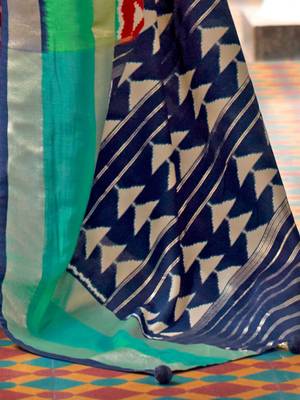 Red ethnic motifs woven design zari ikat saree 4