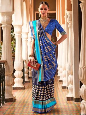 Navy blue navy blue & gold-toned ethnic motifs woven design zari ikat saree 1