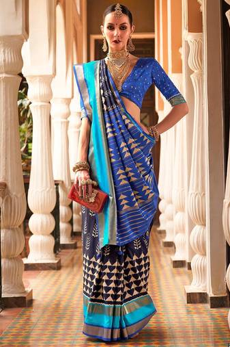 Navy blue navy blue & gold-toned ethnic motifs woven design zari ikat saree