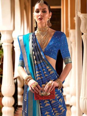 Navy blue navy blue & gold-toned ethnic motifs woven design zari ikat saree 2