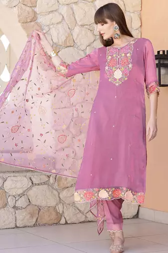 women floral embroidered kurta with trousers & dupatta
