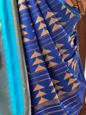 Navy blue navy blue & gold-toned ethnic motifs woven design zari ikat saree 4