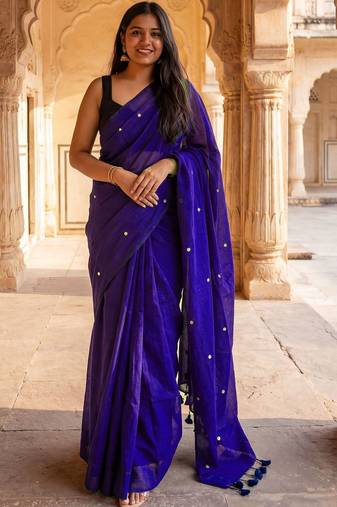 Purple embellished beads and stones  cotton khadi saree