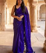Purple embellished beads and stones  cotton khadi saree