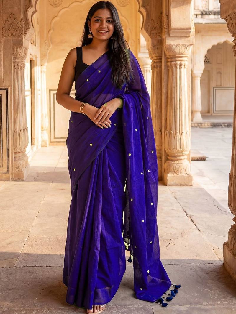 Purple embellished beads and stones  cotton khadi saree
