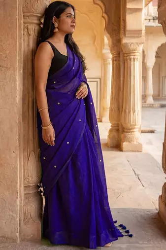 Purple embellished beads and stones  cotton khadi saree