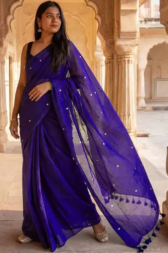 Purple embellished beads and stones  cotton khadi saree