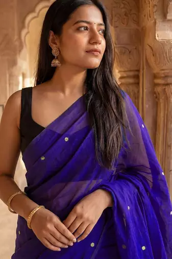 Purple embellished beads and stones  cotton khadi saree