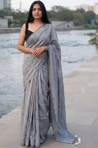 Grey woven design sequinned  cotton khadi saree